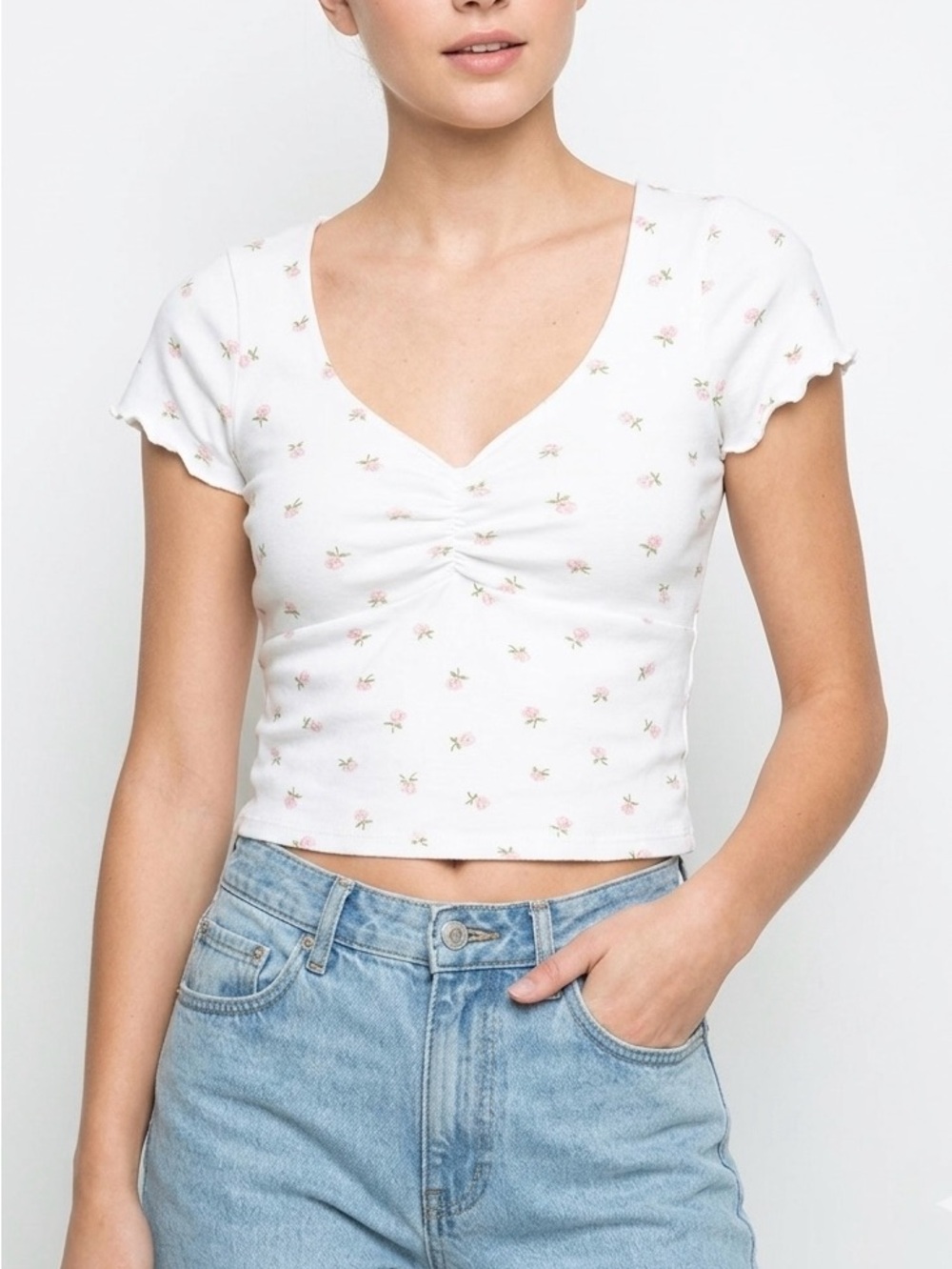 Brandy Melville Gina Floral Crop Top Cinched V-Neck Coquette Cottagecore